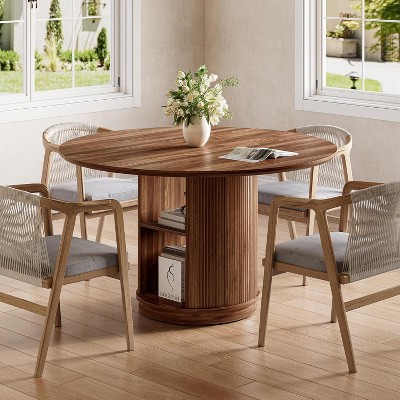 Tribesigns 47-Inch Round Dining Table for 4-6 People, Farmhouse Kitchen Dinner Table with 2-Layer Shelf Cylindrical Pedestal
