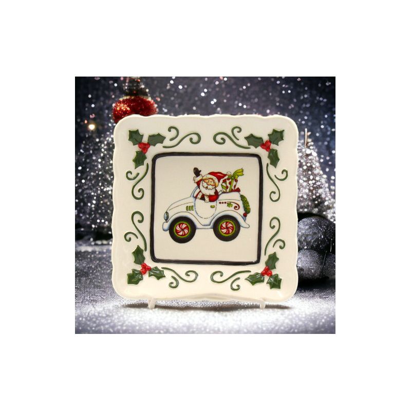 Kevins Gift Shoppe Ceramic Santa Is Coming To Town Driving Car Square Plate Set Of 3, 4 of 5
