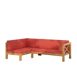 GDFStudio Caspian Outdoor Acacia Wood Left Facing 4 Seater 88.5" Sectional Sofa with Cushions - 1 of 4