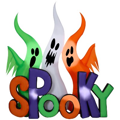 Gemmy Halloween Inflatable Ghosts with "Spooky" Sign, 8 ft Tall, Multi