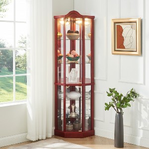 YOOCOZZ Lighted Glass Corner Curio Cabinet with Adjustable Glass Shelves Carved Cherry Decoration for Bar Wine Display - 1 of 4