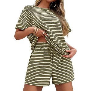 Imily Bela Women's striped pajama set, casual 2-piece set, short-sleeve loose T-shirt with drawstring shorts set - 1 of 4