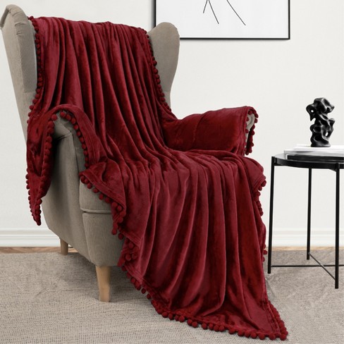 PAVILIA Fleece Pom Pom Blanket Throw for Sofa Bed Soft Lightweight Pompom Fringe Blanket for Couch Dark Red Twin 60x80