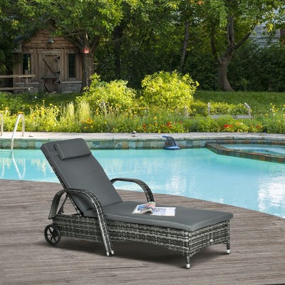 Gray Wicker Outdoor Chaise Lounge with Adjustable Backrest and Cushion