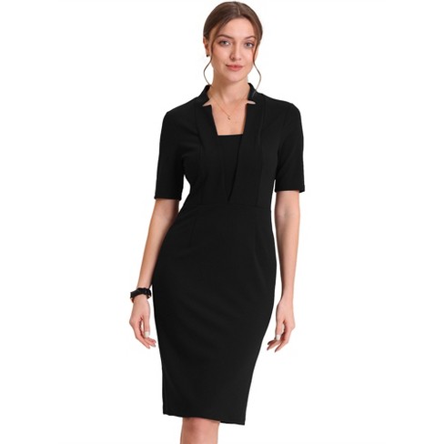 Allegra K Women's V Neck Short Sleeve Work Office Bodycon Midi Sheath Dress  Black X-Small