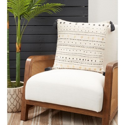 Beige Cotton Throw Pillow with Black Tassels, 22"