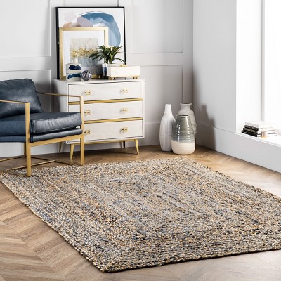 Handmade Blue and Beige Braided Cotton Rectangular Rug