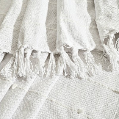 White Cotton Boho Tufted Tassel Fringe Throw Blanket