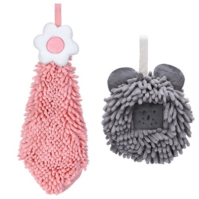 REGALWOVEN 2 Packs Soft Absorbent Cute Decorative Chenille Hand Towel for Bathroom 6" x 15"/7" x 7"