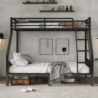Okak Twin Over Queen Metal Loft Bunk Bed Heavy Duty Bedframe with Ladder & Slats Support for Adults Teens, Black