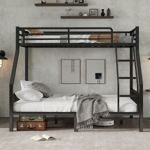 Okak Twin Over Queen Metal Loft Bunk Bed Heavy Duty Bedframe with Ladder & Slats Support for Adults Teens, Black - 1 of 4