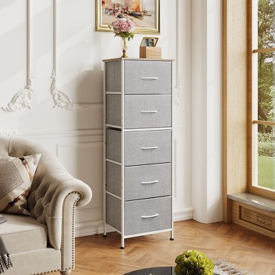 5-Drawer Tall Fabric Dresser with Wood Top, Storage Organizer Chest for Bedroom, Closet, Hallway, Sturdy Steel Frame