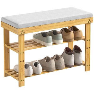 Kumasinova Bamboo Entryway Shoe Bench with Cushion,3-Tier Shoe Organizer with Adjustable Shelves,Shoe Rack for Hallway,Bedroom,Living Room - 1 of 4