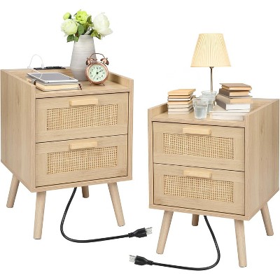 Finnhomy Nightstand with Charging Station, Bedside Table with 2 Hand Made Rattan Decorated Drawers for Bedroom