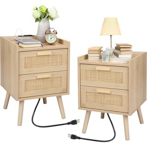 Finnhomy Nightstand with Charging Station, Bedside Table with 2 Hand Made Rattan Decorated Drawers for Bedroom - 1 of 4