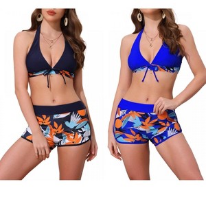 INSPIRE CHIC Women's Leaf Print Color Block Halter Top Boyshorts Bottom Swimwear Bathing Bikini Suits 2 Sets - 1 of 4