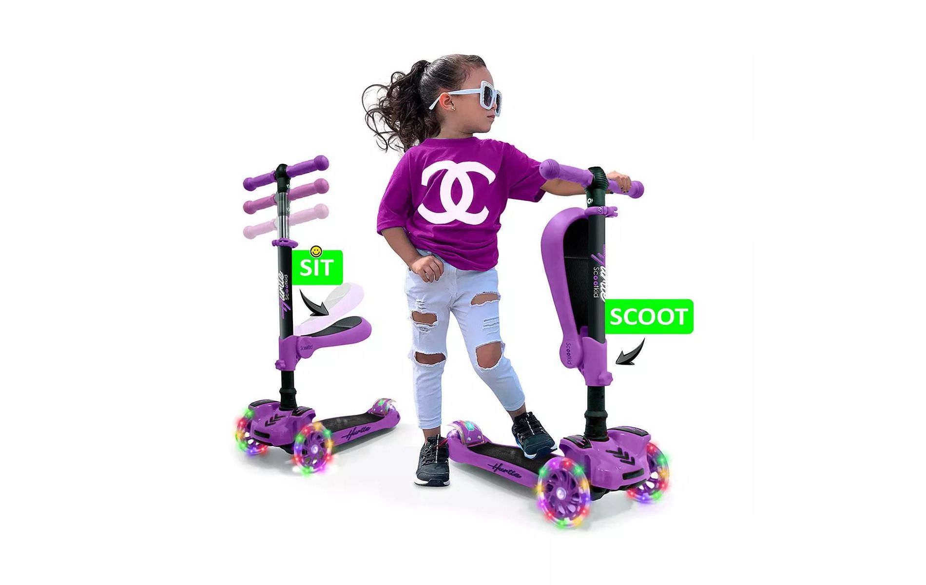 Hurtle ScootKid 3-Wheel Toddler Toy Scooter with LED Lights, Ages 1+, Fold-Out Seat
