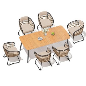 Crestlive Products 7pc Outdoor Dining set 71in Patio Rectangle Table with Rattan Dining Chairs Aluminum Frame Wood-Like Tabletop Umbrella Hole - 1 of 4