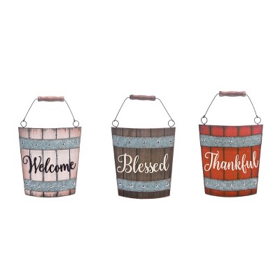 Transpac Wood 16 in. Multicolor Harvest Bucket Wall Decor Set of 3