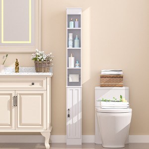 VECELO Tall Bathroom Cabinet Slim Storage Cabinet with Toilet Paper Scroll and Adjustable Shelf White - 1 of 4