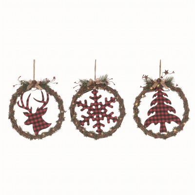 Transpac Floral Multicolor Christmas Twig Light Up Buffalo Check Wreath Set of 3