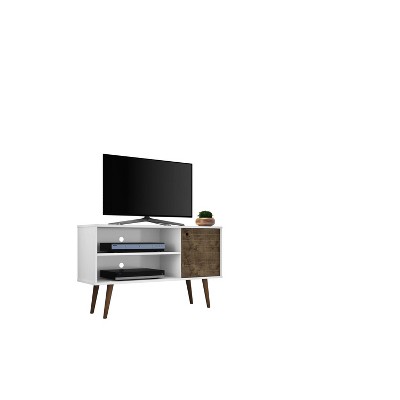 Rustic Brown and White Mid-Century TV Stand with Cabinet