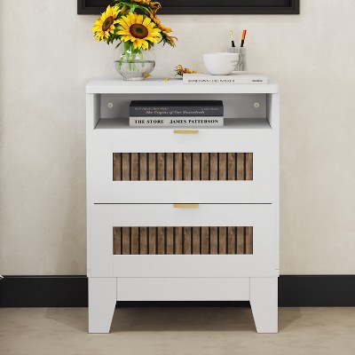 2-Drawer Farmhouse Nightstand with Wooden Strip Decoration and Metal Handle, Side Table with Storage Shelf 4B - ModernLuxe