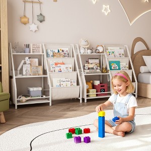 Tinyhomie Kids Bookshelf and Toy Storage Organizer, Montessori Bookcase for Toddler Nursery, Wooden & Fabric Book Shelf with Anti-Tip Safety, White - 1 of 4