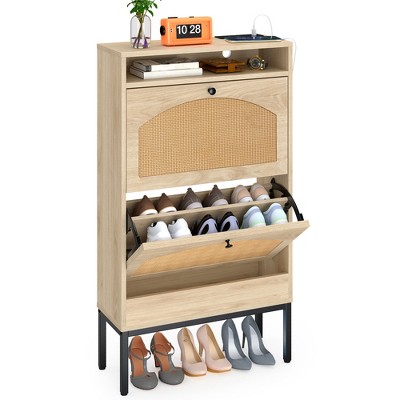 Rattan Shoe Cabinet with 2 Flip Drawers, Hidden Shoe Storage Cabinet, Freestanding Shoe Organizer Rack For Hallway Living Room Apartment