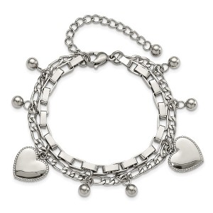 Chisel Stainless Steel Polished Hearts and Beads 7" Multi Chain Bracelet with 2" Extension - 1 of 3