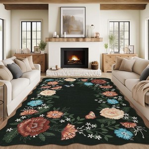 Vintage Floral Scalloped Area Rug Machine Washable Rug Stain Resistant Easy Cleaning Carpet Non Slip Soft Low Pile Folding Floor Cover For Home - 1 of 4