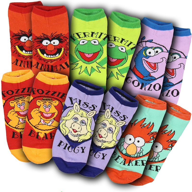 The Muppets Socks Adult Kermit Animal Miss Piggy Beaker Fozzie 6 Pack Ankle Socks Multicoloured, 4 of 5