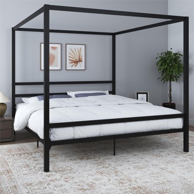 King Black Metal Canopy Bed Frame with Headboard and Slats