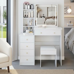 FONTOI 29.2"W/37"W/41"W Makeup Vanity Table with Left Drawer Stool Large Sliding Mirror Capacity Storage for Bedroom Dressing Room, White/Black - 1 of 4