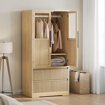 Bedroom Wooden Armoire Wardrobe Closet, Wardrobe Armoire Cabinet with 2 Glass Doors and Drawers, Freestanding Armoire with Shelves & Hanging Rod
