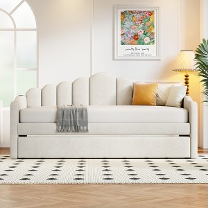 KWPZQEB Twin Size Daybed with Trundle, Velvet Upholstered Sofa Bed with Charging Port & 2 Side Pockets, No Box-spring Needed - 1 of 4