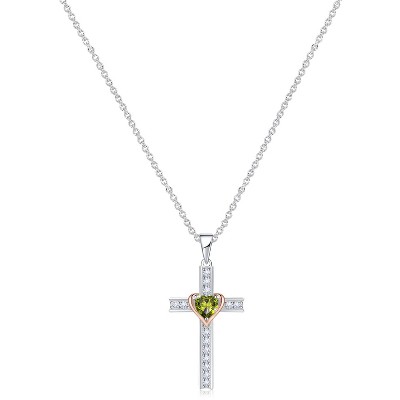 Molenia Birthstone Cross Necklace for Women, 925 Sterling Silver Heart Cross Pendant Necklace Fine Cross Jewelry Birthday Gifts for Her 18"+2" Inches