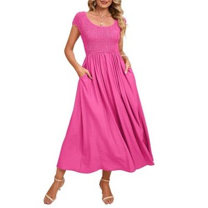 Coolmee Women's Summer Dress Casual Short Sleeve Crew Neck Smocked Elastic Waist Tiered Midi Dress - 1 of 4