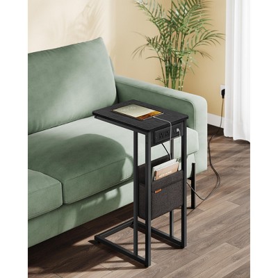 Black Metal C-Shaped Side Table with Charging Station