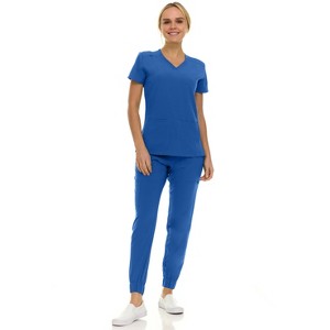 Saint Scrubs Womens 9-Pocket Medical Uniform Set- V-Neck Stretch Top with Seven Pocket Jogger Scrub Pant - 1 of 4