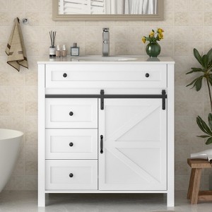 Bathroom Vanity, Vintage Vanity Cabinet with Ceramic Sink, Faucet & Drain - 1 of 4