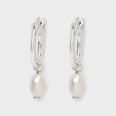 Silver Plated Fresh Water Pearl Dangle Hoop Earrings - A New Day™ Silver