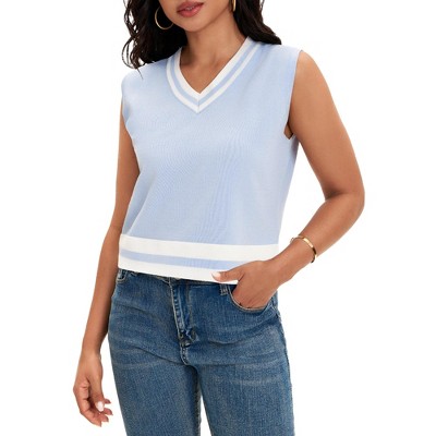 ATHLECHIC Women's Summer Knit Color Block Sleeveless V Neck Loose Fit Preppy Trendy Tank Tops