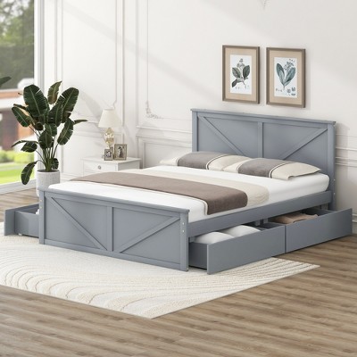 TIRAMISUBEST Queen/King Size Wooden Platform Bed with 4 Storage Drawers and Support Legs, Modern Bed Frame with Headboard and Footboard