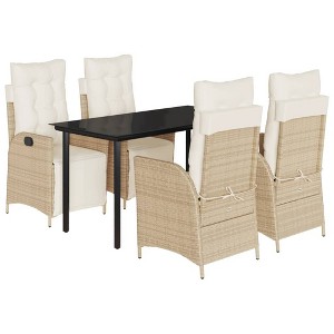vidaXL 5 Piece Patio Dining Set with Cushions - Beige Poly Rattan Reclining Garden Chairs and Glass Table for Outdoor, Backyard, Patio, Deck Furniture - 1 of 4