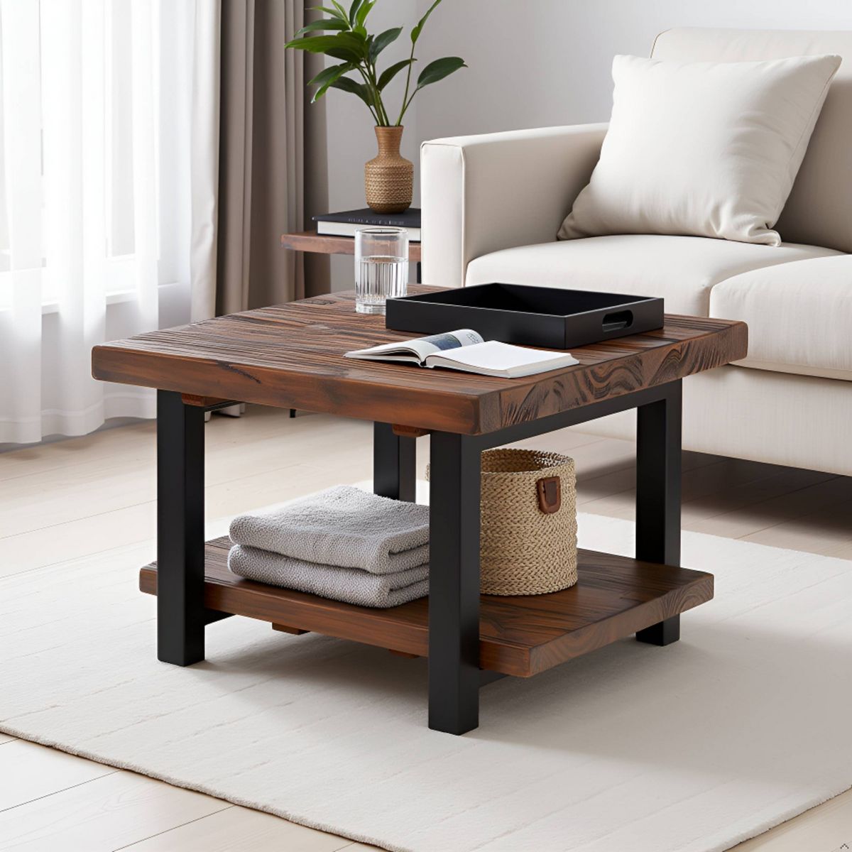 Pomona Metal and Wood Square Coffee Table - Alaterre Furniture - thumbnail 8