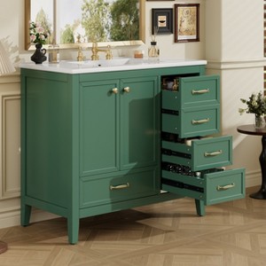 KWPZQEB 36" Bathroom Vanity and Sink Combos, Modern Bathroom Storage Cabinet with Ceramic Sink, metal handles & 5 Drawers, No Mirror Included - 1 of 4