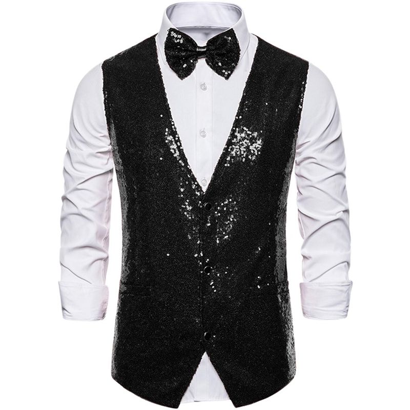 Lars Amadeus Men's Sequin Shiny Slim Fit Sleeveless Suit Waistcoat Set with Bow Tie, 1 of 7