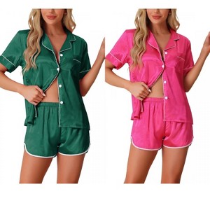 INSPIRE CHIC Women's 2 Pcs Satin Pajamas Silky Short Sleeve Button Down Pajama Sets - 1 of 4