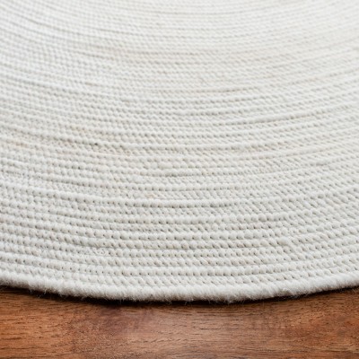 Ivory Braided Round Wool and Silk Area Rug, 5' Diameter